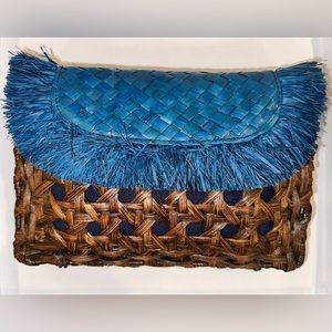 Anthropology Vincent Pradier Rattan Blue Fringe Wicker Clutch Woven Wood Straw